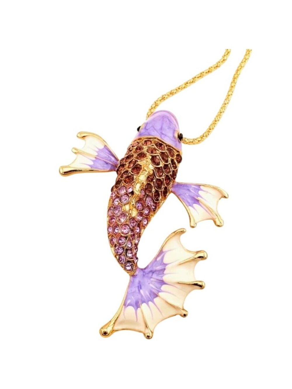 Lavender Crystal Lucky Koi Fish Pendant Necklace Gold Tone